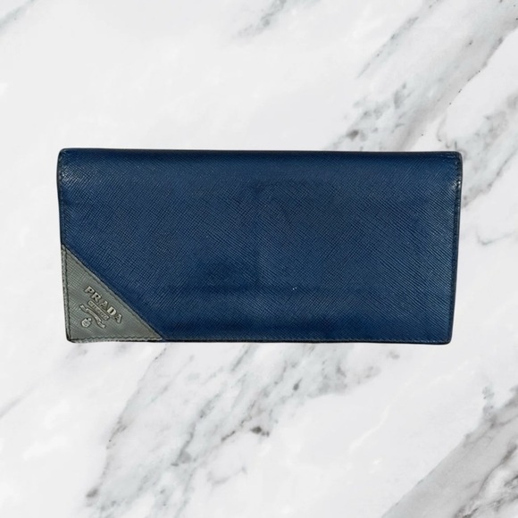 Prada Navy Saffiano Leather Continental Wallet With Silver Corner Logo - Picture 1 of 15